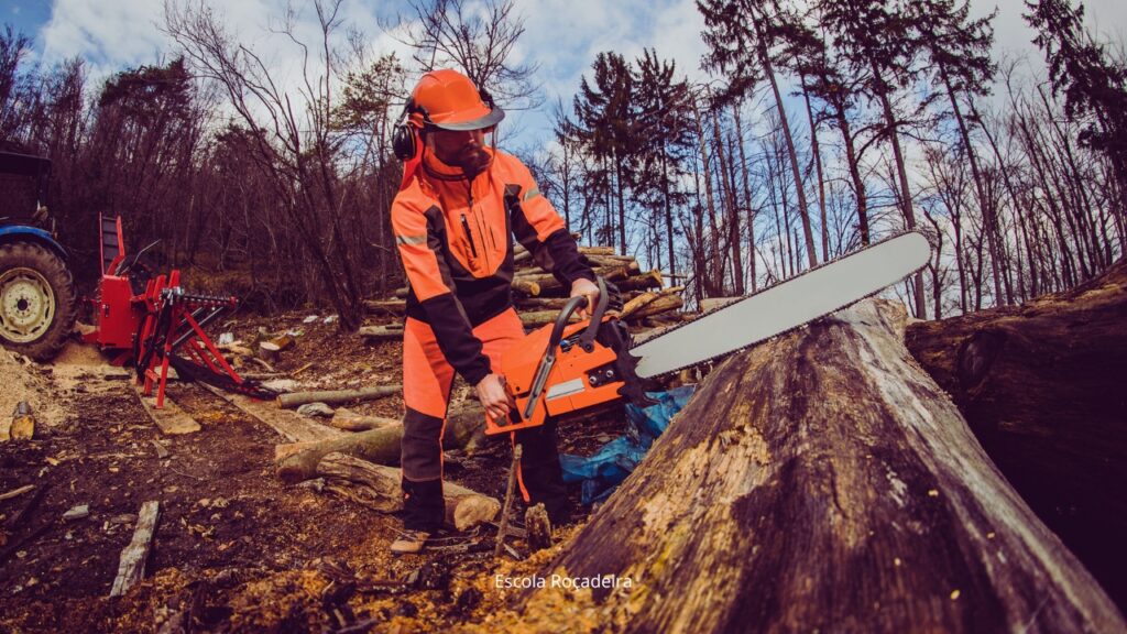 O que é a instalação da corrente na motosserra e para que serve? 1 cortando tronco de árvore com motosserra a grande