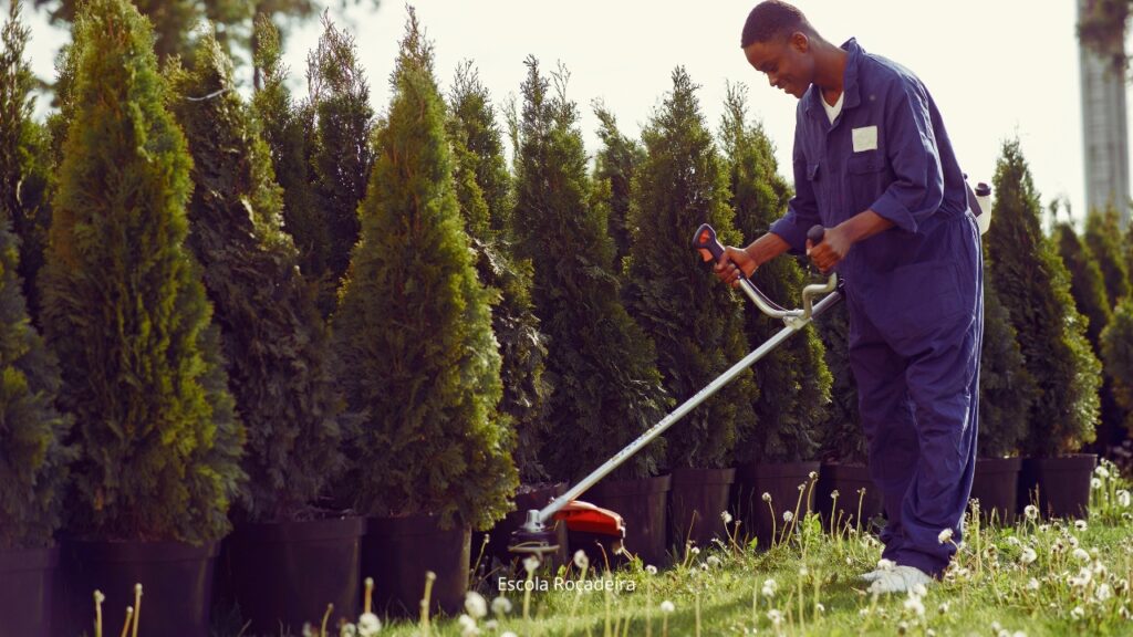 O que é o defletor de faísca da roçadeira e para que serve? 1 roçadeira a gasolina no jardim